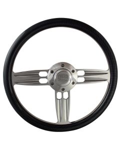 Forever Sharp ® - 14 Inch Polished Double Barrel Steering Wheel With Carbon Fiber Vinyl Half Wrap Grip (1002-CF)