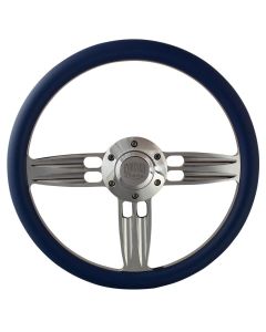 Forever Sharp ® - 14 Inch Polished Double Barrel Steering Wheel With Sky Blue Vinyl Half Wrap Grip (1002-SB)