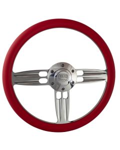 Forever Sharp ® - 14 Inch Polished Double Barrel Steering Wheel With Red Vinyl Half Wrap Grip (1002-RD)