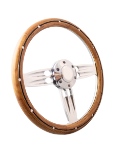 Forever Sharp ® - 14 Inch Polished Double Barrel Steering Wheel With Oak And Aluminum Rivets And Center Burn Half Wrap Grip (1002-HW14UORBA)