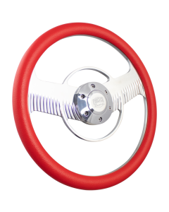Forever Sharp ® - 14 Inch Polished Solar Eclipse Steering Wheel with Red Vinyl Half Wrap Grip (1003-HW14RD), Main Image