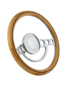 Forever Sharp 14 Inch Chrome Nostalgia Steering Wheel With Oak And Center Burn Half Wrap Grip 1004-HW14UOB, Main Image