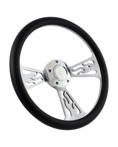 Forever Sharp 14 Inch Polished Flame Steering Wheel With Carbon Fiber Vinyl Half Wrap Grip 1096-CFV, Main Image