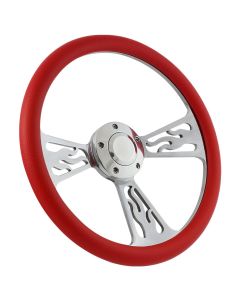 Forever Sharp 14 Inch Polished Flame Steering Wheel With Red Half Wrap Grip 1096-R, Main Image