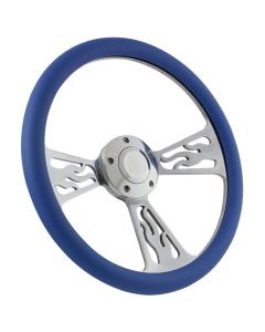 Forever Sharp 14 Inch Polished Flame Steering Wheel With Blue Half Wrap Grip 1096-SB, Main Image