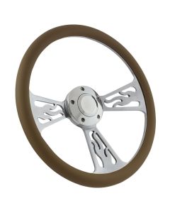 Forever Sharp 14 Inch Polished Flame Steering Wheel With Tan Half Wrap Grip 1096-T, Main Image