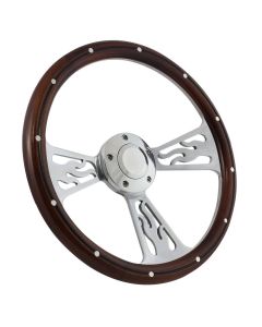 Forever Sharp 14 Inch Polished Flame Steering Wheel With Mahogany And Aluminum Rivets Half Wrap Grip 1096-HW14SMRBA, Main Image