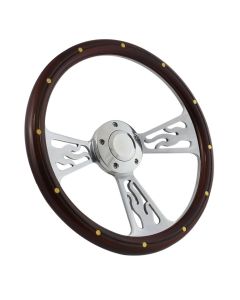 Forever Sharp 14 Inch Polished Flame Steering Wheel With Mahogany And Brass Rivets Half Wrap Grip 1096-HW14SMRB, Main Image
