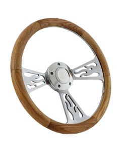 Forever Sharp 14 Inch Polished Flame Steering Wheel With Oak Half Wrap Grip 1096-HW14UO, Main Image