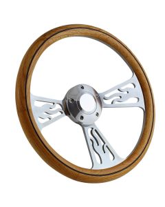 Forever Sharp ® - 14 Inch Polished Flame Steering Wheel With Oak And Center Burn Half Wrap Grip (1096-HW14UOB)