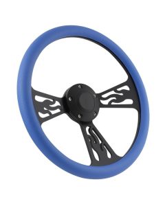 Forever Sharp ® - 14 Inch Black Flame Steering Wheel With Blue Half Wrap Grip (1097-SB)