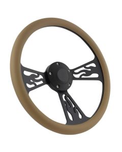 Forever Sharp 14 Inch Black Flame Steering Wheel With Tan Half Wrap Grip 1097-T, Main Image