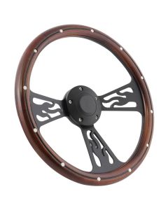 Forever Sharp ® - 14 Inch Black Flame Steering Wheel With Mahogany And Aluminum Rivets Half Wrap Grip (1097-HW14SMRBA), Main Image