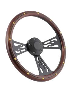 Forever Sharp ® - 14 Inch Black Flame Steering Wheel With Mahogany And Brass Rivets Half Wrap Grip (1097-HW14SMRB), Main Image