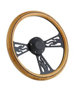 Forever Sharp ® - 14 Inch Black Flame Steering Wheel With Oak And Center Burn Half Wrap Grip (1097-HW14UOB) - Main Image