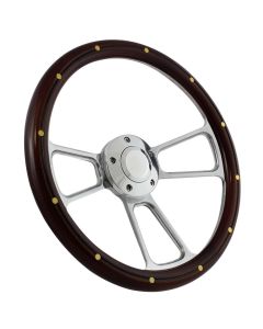 Forever Sharp 14 Inch Polished Muscle Steering Wheel With Mahogany And Brass Rivets Half Wrap Grip 1098-HW14SMRB, Main Image