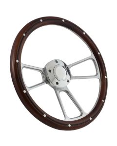 Forever Sharp 14 Inch Polished Muscle Steering Wheel With Mahogany And Aluminum Rivets Half Wrap Grip 1098-HW14SMRBA, Main Image
