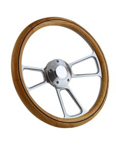 Forever Sharp - 14 Inch Polished Billet Muscle Steering Wheel With Oak And Center Burn Half Wrap Grip 1098-HW14UOB - Main Image