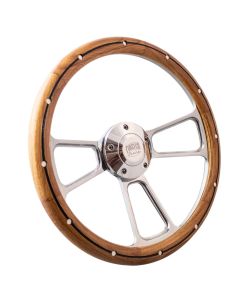 Forever Sharp - 14 Inch Polished Billet Muscle Steering Wheel With Oak And Aluminum Rivets And Center Burn Half Wrap Grip 1098-HW14UORBA - Main Image
