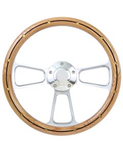 Forever Sharp - 14 Inch Polished Billet Muscle Steering Wheel With Oak And Brass Rivets And Center Burn Half Wrap Grip 1098-HW14UORB - Main Image