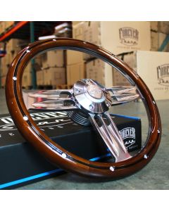 Forever Sharp ® - 14 Inch Polished Double Barrel Steering Wheel With Mahogany And Aluminum Rivets Half Wrap Grip (1002-HW14SMRBA)