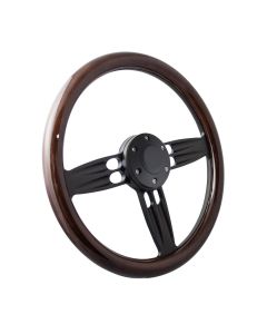 Forever Sharp ® - 14 Inch Black Double Barrel Steering Wheel With Dark Wood Half Wrap Grip (B1002-HW14DW)