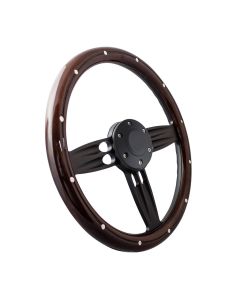Forever Sharp ® - 14" Black Double Barrel Steering Wheel with Mahogany & Aluminum Rivets and Center Burn Half Wrap Grip (B1002-HW14SMRBA), Main Image