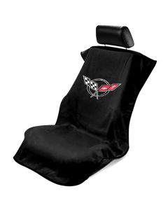 Seat Armour Black Towel Seat Cover with Corvette C5 Logo, Front-Right View