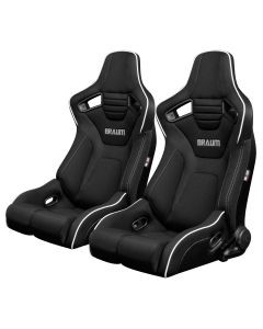 Braum Pair of Black Cloth ELITE-R Series Racing Seats With Grey Stitches And White Piping BRR1R-BFWP, Pair