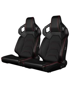 Braum ® - Pair of Black Leatherette ALPHA-X Series Low Base Version Racing Seats With Red Stitching (BRR5-BKRS)