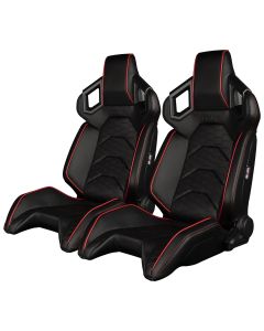 Braum ® - Pair of Black Leatherette ALPHA-X Series Racing Seats with Hexagon Laser Pattern and Red Piping (BRR5-BREM)