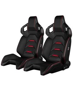 Braum ® - Pair of Black Leatherette ALPHA-X Series Racing Seats With Red Stitching and Piping (BRR5-BKRD)