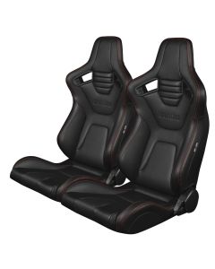 Braum Pair of Black Leatherette Carbon Fiber Mixed Elite-X Series Racing Seats with Red Stitches, Pair
