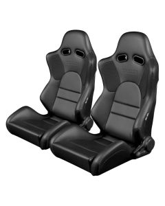 Braum ® - Pair of Black Leatherette Carbon Fiber Mixed Advan Series Racing Seats with Black Fabric Inserts and Black Stitches (BRR2-BKBK)