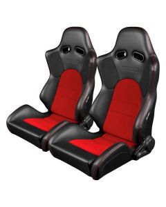 Braum ® - Pair of Black Leatherette Carbon Fiber Mixed Advan Series Racing Seats with Red Fabric Inserts and Red Stitches (BRR2-BKRD)