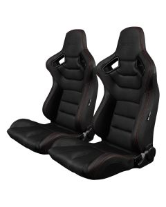 Braum ® - Pair of Black Leatherette Carbon Fiber Mixed Elite Series Racing Seats with Red Stitches (BRR1-BKRS)