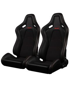 Braum ® - Pair of Black Leatherette and Alcantara FALCON-S Series Reclinable Composite Seats with Red Stitching (BRR9R-BKRS)