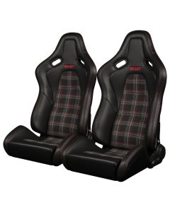 Braum ® - Pair of Black Leatherette and Plaid Fabric FALCON-S Series Reclinable Composite Seats with Red Stitching (BRR9R-RPRS)
