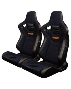 Braum Pair of Navy Denim ELITE-X Series Racing Seats With Leatherette Inserts and Orange Stitching BRR1X-NDOS, Pair