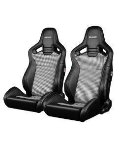 Braum ® - Black Leatherette & Houndstooth Fabric W/ White Stitching ELITE-V2 Reclinable Racing Seats - Pair (BRR1-BHGS2)