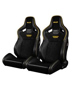 Braum ® - Black Leatherette & Suede W/ Yellow Piping & Stitching ELITE-V2 Reclinable Racing Seats - Pair (BRR1-BSYS2)