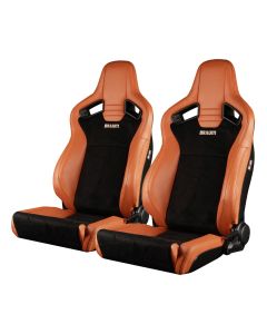 Braum ® - British Tan Leatherette & Black Suede With Black Stitching ELITE-V2 Low Base Reclinable Racing Seats - Pair (BRR1-BTLB2)
