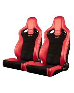 Braum ® - Red Leatherette & Black Suede With Black Stitching ELITE-V2 Low Bolster Reclinable Racing Seats - Pair (BRR1-RBLB2)