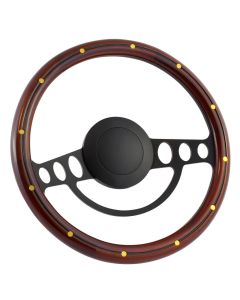 Forever Sharp ® - 14" Black Nostalgia Steering Wheel with Mahogany with Brass Rivets & Center Burn Half Wrap Grip (1005-HW14SMRB), Main Image