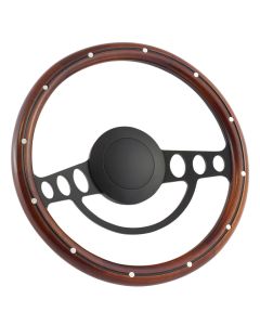 Forever Sharp ® - 14" Black Nostalgia Steering Wheel with Mahogany with Alminum Rivets & Center Burn Half Wrap Grip (1005-HW14SMRBA), Main Image