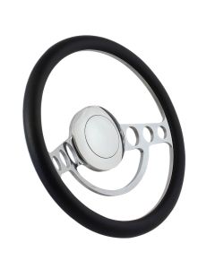 Forever Sharp 14 Inch Chrome Nostalgia Steering Wheel with Black Vinyl Half Wrap Grip 1004-HW14B, Main Image
