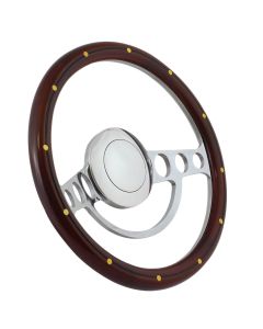 Forever Sharp ® - 14" Chrome Nostalgia Steering Wheel with Mahogany with Brass Rivets & Center Burn Half Wrap Grip (1004-HW14SMRB), Main Image