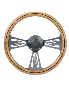 Forever Sharp ® - 14 Inch Black Flame Steering Wheel With Oak And Rivets And Center Burn Half Wrap Grip (1097-HW14UORB), Main Image