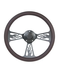 Forever Sharp ® - 14 Inch Black Flame Steering Wheel With Brown Half Wrap Grip (1097-BR)