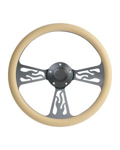 Forever Sharp ® - 14 Inch Black Flame Steering Wheel With Buckskin Half Wrap Grip (1097-BS)